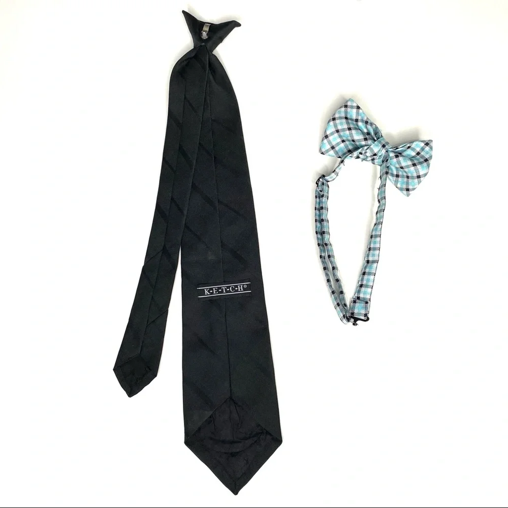 Ketch 2 Boys Black Tie Clip On - Black/ Blue Check Bow Tie - Great Condition